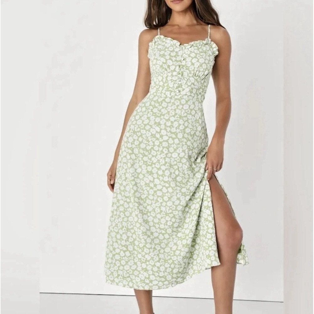 Lulu's x Lush Timeless Touch Green Floral Print A-Line Midi Dress Size M